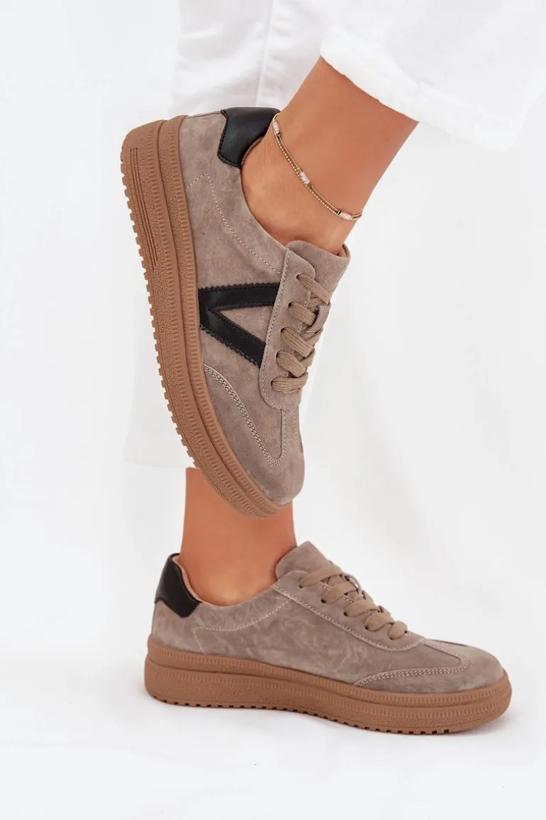 Zamszowe Sneakersy Damskie Na Platformie Vinceza 79562 Ciemnobeżowe