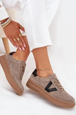 Zamszowe Sneakersy Damskie Na Platformie Vinceza 79562 Ciemnobeżowe