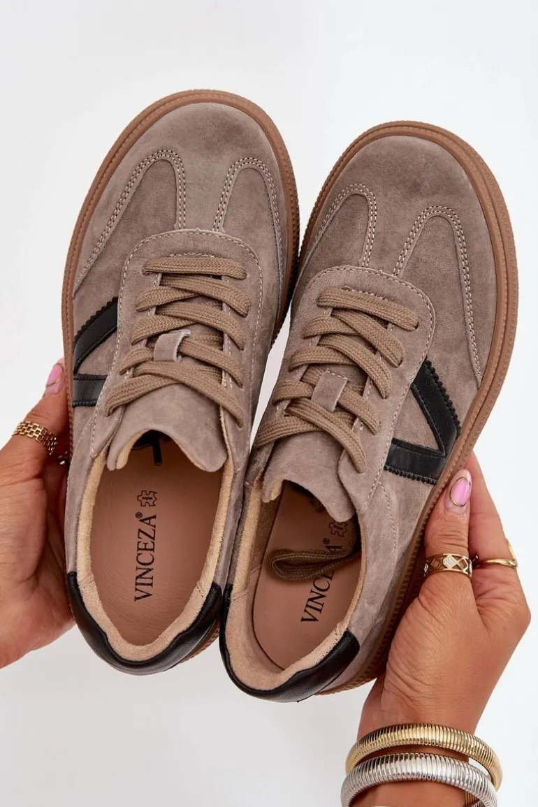 Zamszowe Sneakersy Damskie Na Platformie Vinceza 79562 Ciemnobeżowe