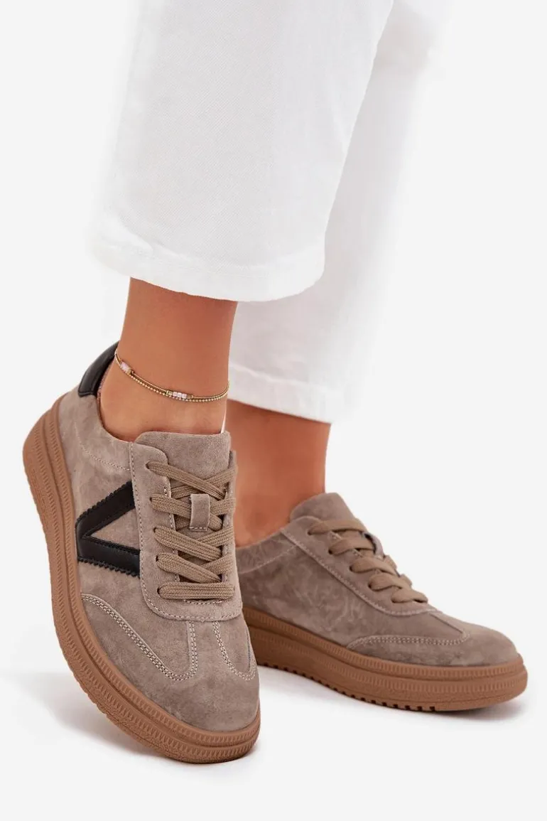 Zamszowe Sneakersy Damskie Na Platformie Vinceza 79562 Ciemnobeżowe