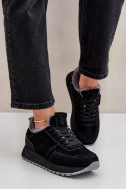 Zamszowe Sneakersy Damskie Z Futerkiem I Błyszczącym Elementem Big Star OO274580 Hi-Poly System Czarne
