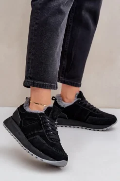 Zamszowe Sneakersy Damskie Z Futerkiem I Błyszczącym Elementem Big Star OO274580 Hi-Poly System Czarne