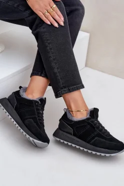 Zamszowe Sneakersy Damskie Z Futerkiem I Błyszczącym Elementem Big Star OO274580 Hi-Poly System Czarne
