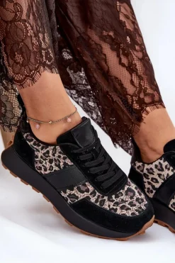 Zamszowe Sneakersy Damskie Na Platformie Panterka Vinceza 66793 Czarne