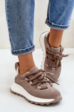 Zamszowe Sneakersy Damskie Z Grubym Sznurowaniem Artiker 54C1409 Beżowe