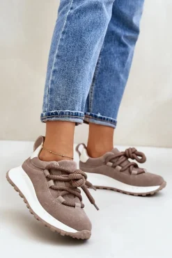 Zamszowe Sneakersy Damskie Z Grubym Sznurowaniem Artiker 54C1409 Beżowe