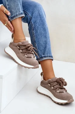 Zamszowe Sneakersy Damskie Z Grubym Sznurowaniem Artiker 54C1409 Beżowe