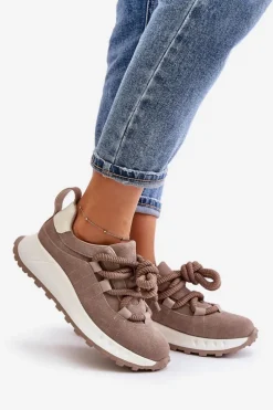 Zamszowe Sneakersy Damskie Z Grubym Sznurowaniem Artiker 54C1409 Beżowe