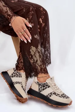 Zamszowe Sneakersy Damskie Na Platformie Panterka Vinceza 66793 Beżowe