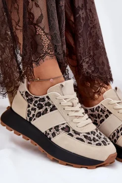 Zamszowe Sneakersy Damskie Na Platformie Panterka Vinceza 66793 Beżowe
