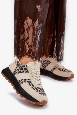 Zamszowe Sneakersy Damskie Na Platformie Panterka Vinceza 66793 Beżowe