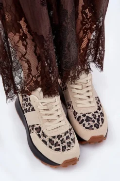 Zamszowe Sneakersy Damskie Na Platformie Panterka Vinceza 66793 Beżowe