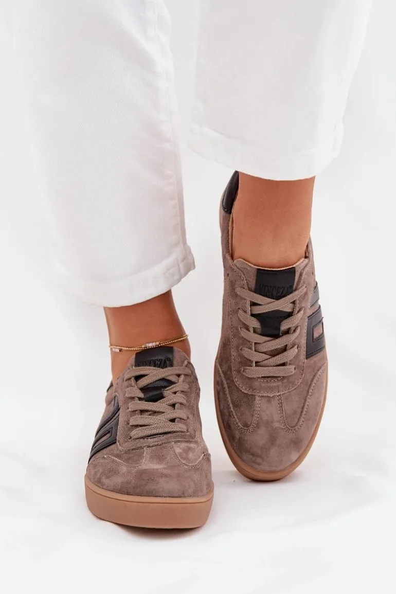 Zamszowe Sneakersy Damskie Vinceza 79557 Ciemnobeżowe