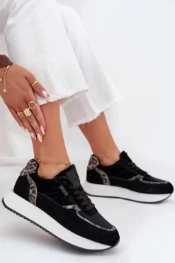 Zamszowe Sneakersy Damskie Big Star OO274A312 HI-POLY SYSTEM Czarne Panterka