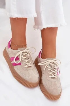 Zamszowe Sneakersy Damskie Na Platformie Beżowo-Różowe Cavira