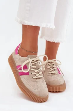 Zamszowe Sneakersy Damskie Na Platformie Beżowo-Różowe Cavira