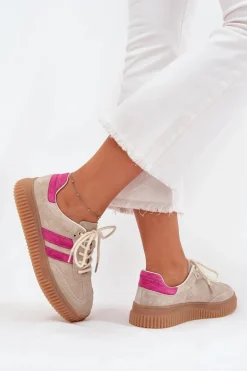 Zamszowe Sneakersy Damskie Na Platformie Beżowo-Różowe Cavira