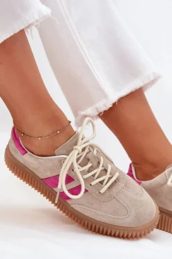 Zamszowe Sneakersy Damskie Na Platformie Beżowo-Różowe Cavira