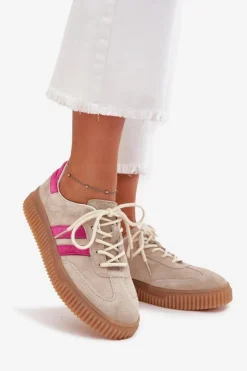 Zamszowe Sneakersy Damskie Na Platformie Beżowo-Różowe Cavira