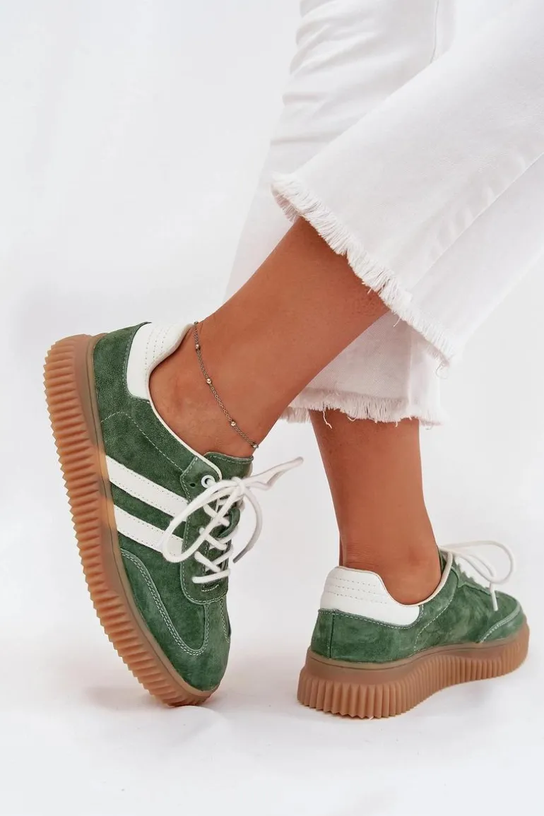 Zamszowe Sneakersy Damskie Na Platformie Zielone Marisae