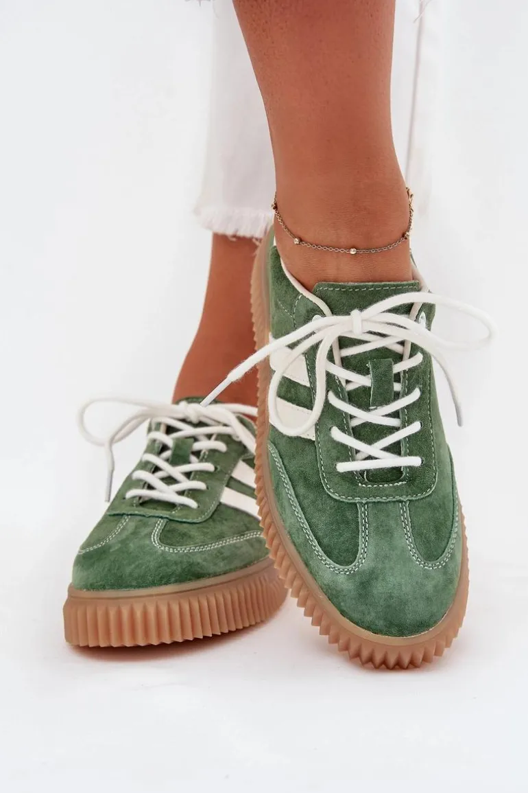 Zamszowe Sneakersy Damskie Na Platformie Zielone Marisae