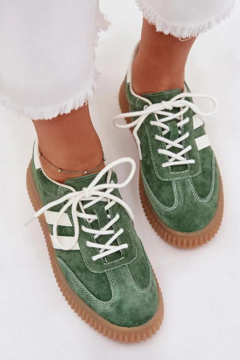 Zamszowe Sneakersy Damskie Na Platformie Zielone Marisae