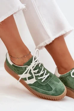 Zamszowe Sneakersy Damskie Na Platformie Zielone Marisae