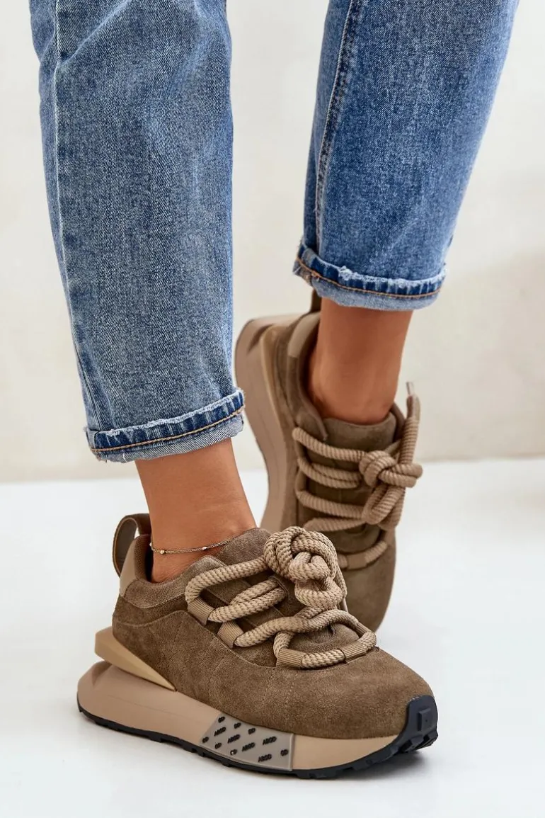 Zamszowe Sneakersy Damskie Na Platformie Z Grubym Sznurowaniem Artiker 54C1466 Jasnobrązowe