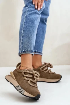 Zamszowe Sneakersy Damskie Na Platformie Z Grubym Sznurowaniem Artiker 54C1466 Jasnobrązowe