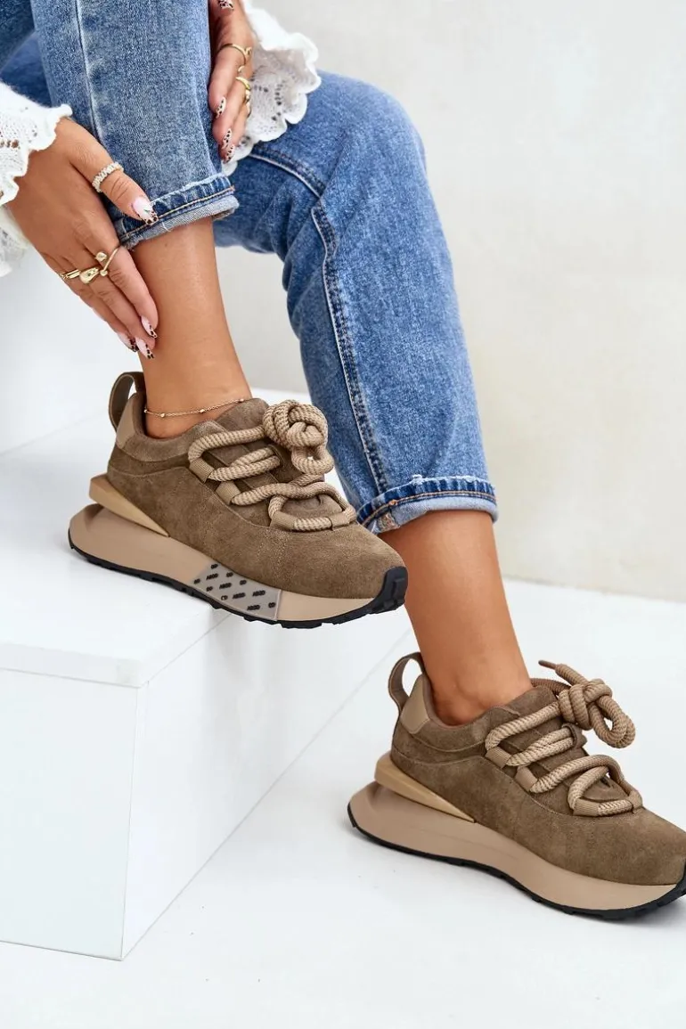 Zamszowe Sneakersy Damskie Na Platformie Z Grubym Sznurowaniem Artiker 54C1466 Jasnobrązowe