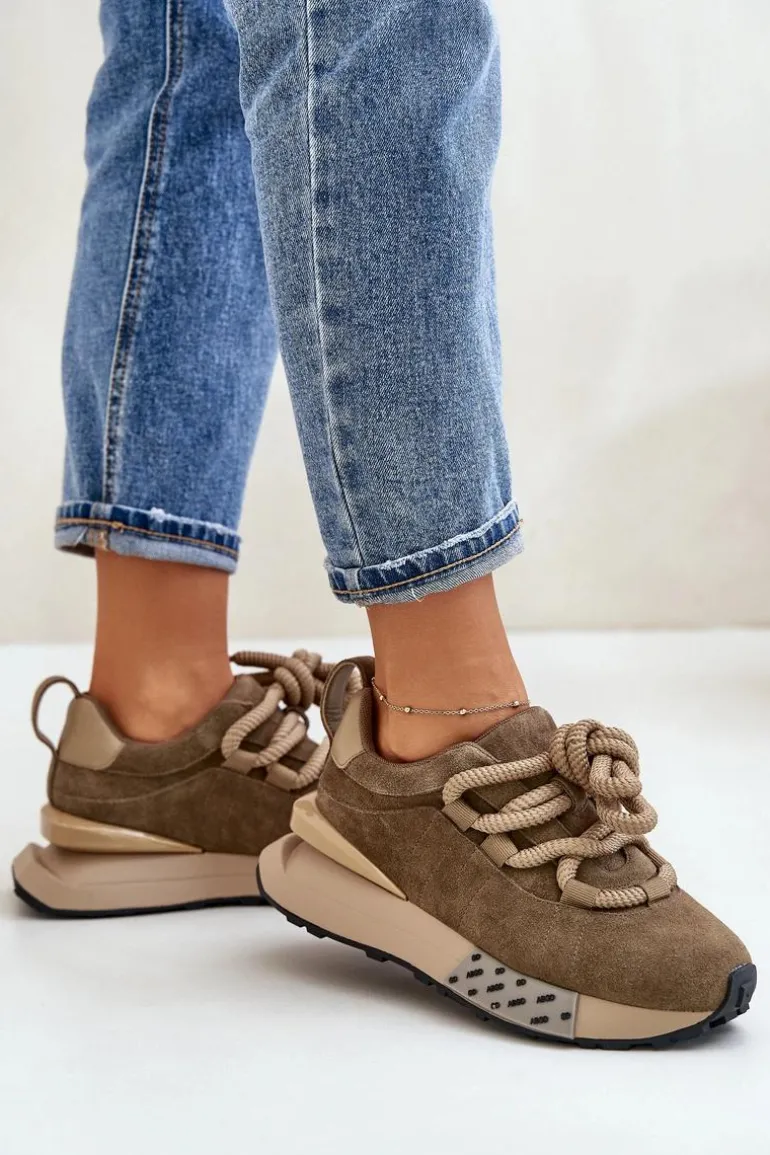 Zamszowe Sneakersy Damskie Na Platformie Z Grubym Sznurowaniem Artiker 54C1466 Jasnobrązowe