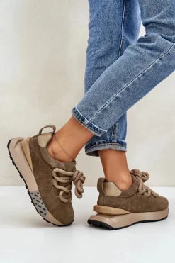 Zamszowe Sneakersy Damskie Na Platformie Z Grubym Sznurowaniem Artiker 54C1466 Jasnobrązowe