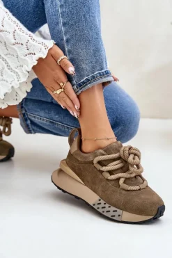Zamszowe Sneakersy Damskie Na Platformie Z Grubym Sznurowaniem Artiker 54C1466 Jasnobrązowe