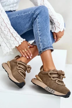 Zamszowe Sneakersy Damskie Na Platformie Z Grubym Sznurowaniem Artiker 54C1466 Jasnobrązowe