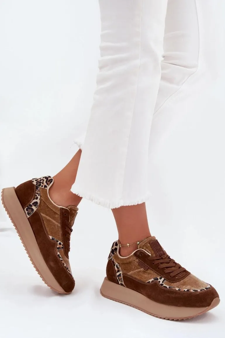 Zamszowe Sneakersy Damskie Big Star OO274A313 HI-POLY SYSTEM Brązowe Panterka