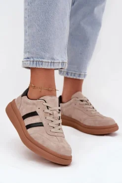 Zamszowe Sneakersy Damskie Na Platformie Beżowe Elivienne