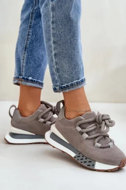 Zamszowe Sneakersy Damskie Na Platformie Z Grubym Sznurowaniem Artiker 54C1463 Szare