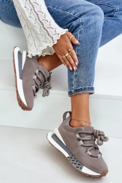 Zamszowe Sneakersy Damskie Na Platformie Z Grubym Sznurowaniem Artiker 54C1463 Szare