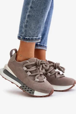 Zamszowe Sneakersy Damskie Na Platformie Z Grubym Sznurowaniem Artiker 54C1463 Szare