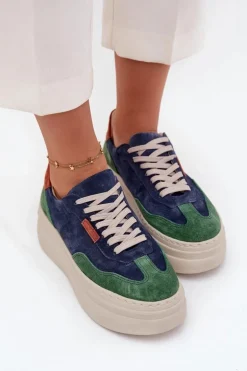 Zamszowe Sneakersy Damskie Na Platformie Zazoo N1269S3 Zielono-Granatowe