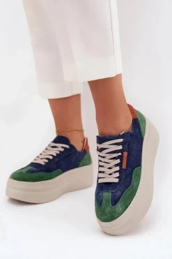 Zamszowe Sneakersy Damskie Na Platformie Zazoo N1269S3 Zielono-Granatowe