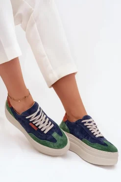 Zamszowe Sneakersy Damskie Na Platformie Zazoo N1269S3 Zielono-Granatowe