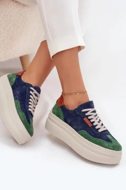 Zamszowe Sneakersy Damskie Na Platformie Zazoo N1269S3 Zielono-Granatowe