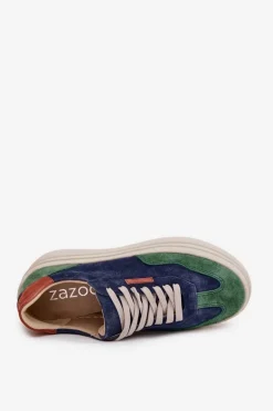 Zamszowe Sneakersy Damskie Na Platformie Zazoo N1269S3 Zielono-Granatowe
