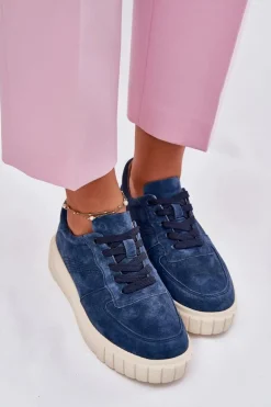 Zamszowe Sneakersy Damskie Na Platformie Granatowe Rilwena