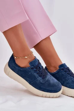 Zamszowe Sneakersy Damskie Na Platformie Granatowe Rilwena