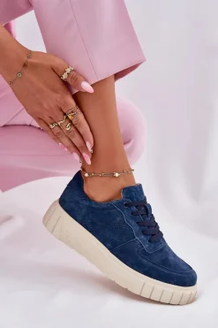 Zamszowe Sneakersy Damskie Na Platformie Granatowe Rilwena
