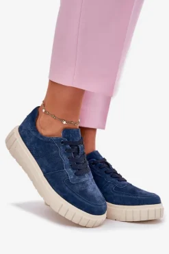 Zamszowe Sneakersy Damskie Na Platformie Granatowe Rilwena