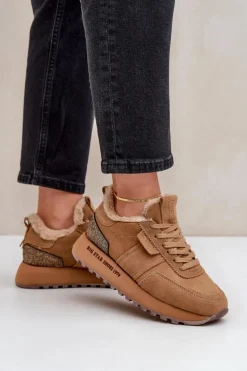 Zamszowe Sneakersy Damskie Z Futerkiem I Błyszczącym Elementem Big Star OO274578 Hi-Poly System Camel
