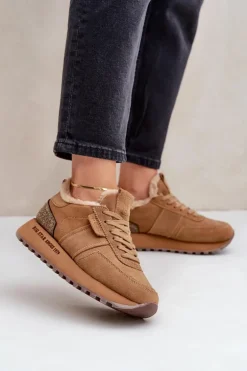 Zamszowe Sneakersy Damskie Z Futerkiem I Błyszczącym Elementem Big Star OO274578 Hi-Poly System Camel